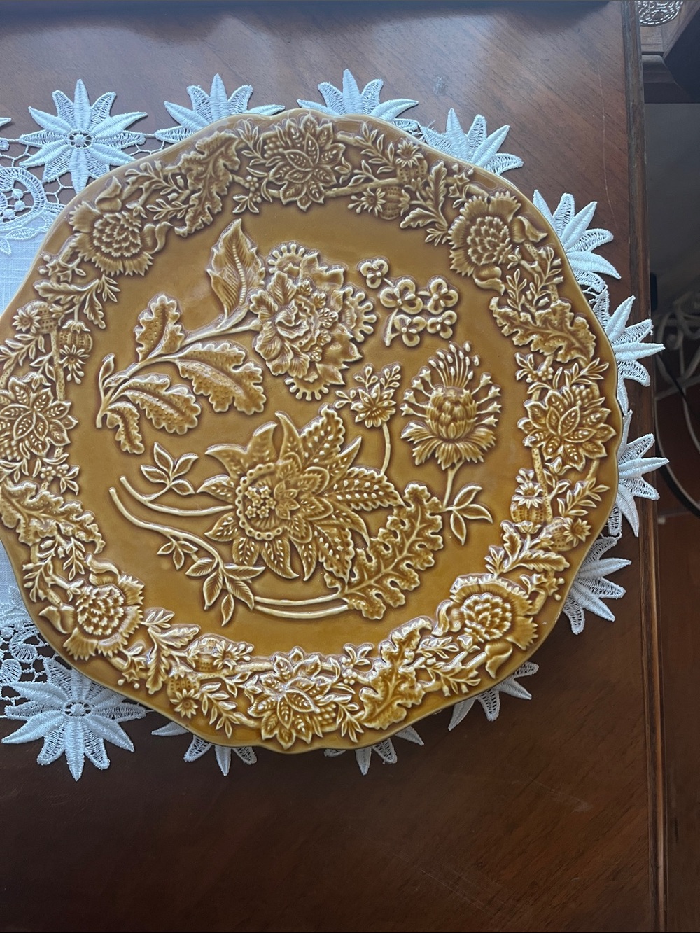 April Cornell Embossed Floral Ceramic platter  in Mustard Yellow